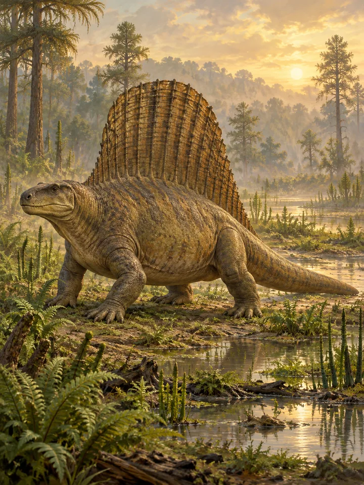 Un Edaphosaurus, con vela de espinas cruzadas, en un humedal