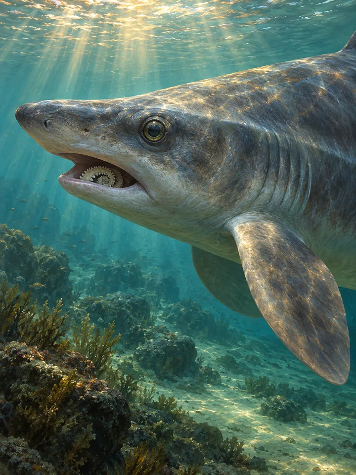 Reconstrucción artística de un Helicoprion, con la boca entreabierta