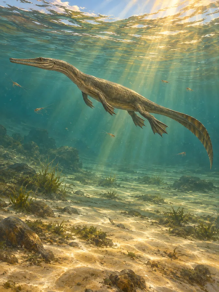 Un Mesosaurus nadando en aguas someras