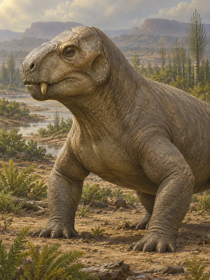 Reconstrucción artística de un Moschops de frente, con el cráneo grueso y el cuerpo ancho