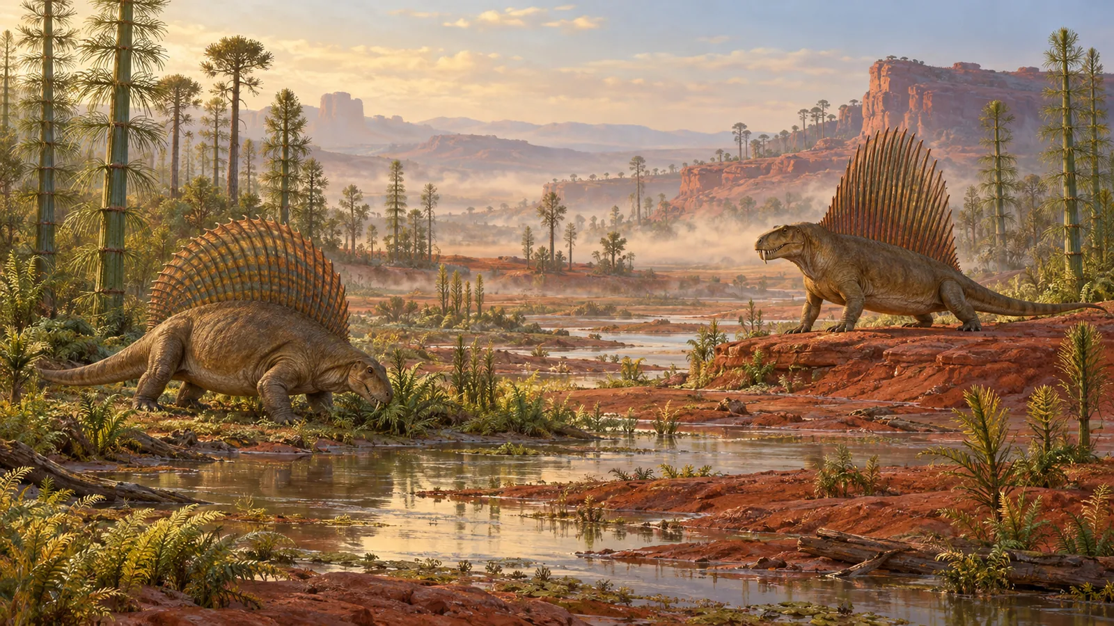 Un Edaphosaurus y un Dimetrodon en una llanura rojiza del Pérmico temprano de Texas; escena imaginada