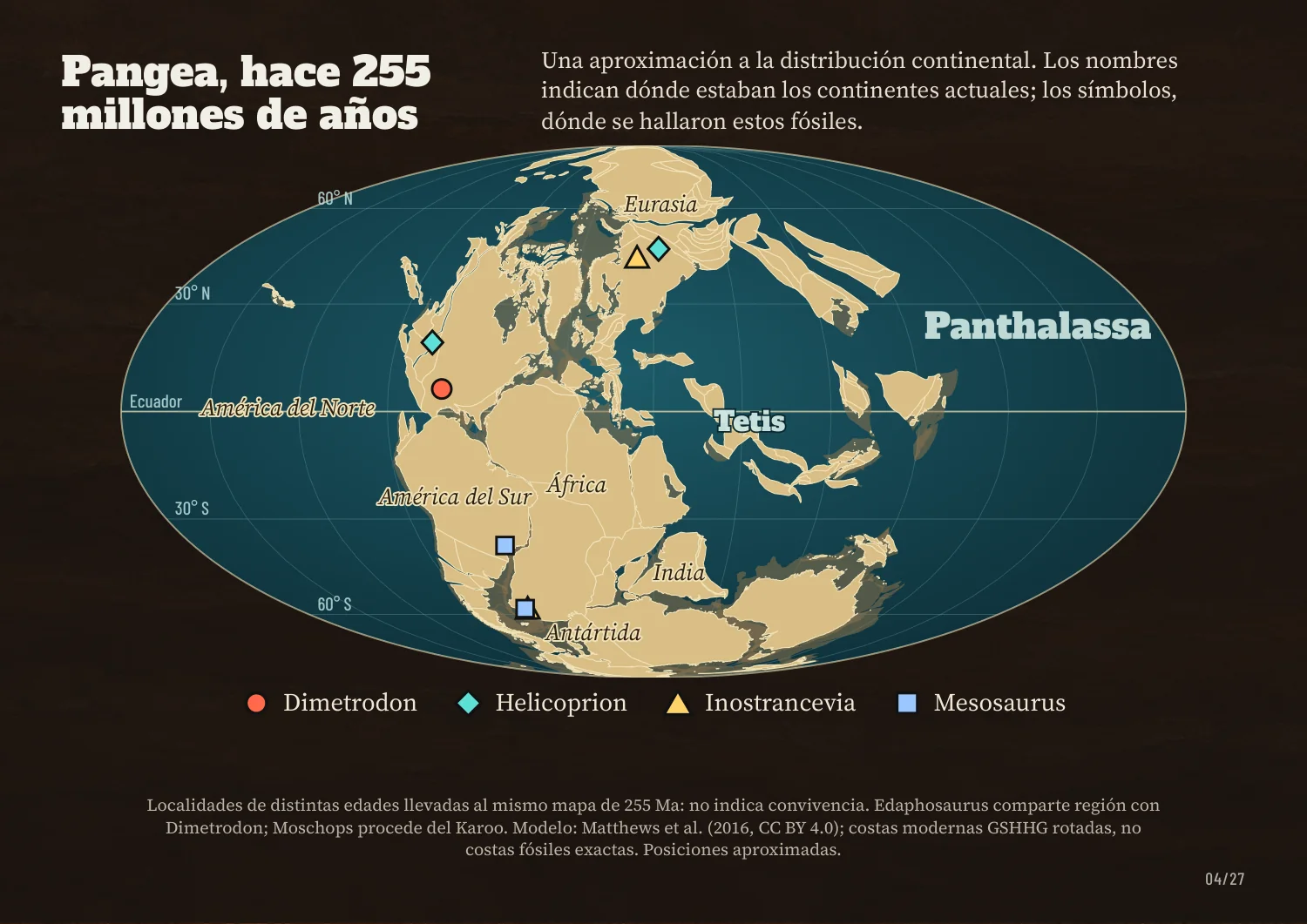 Mapa de Pangea hace 255 millones de años con la ubicación de los fósiles