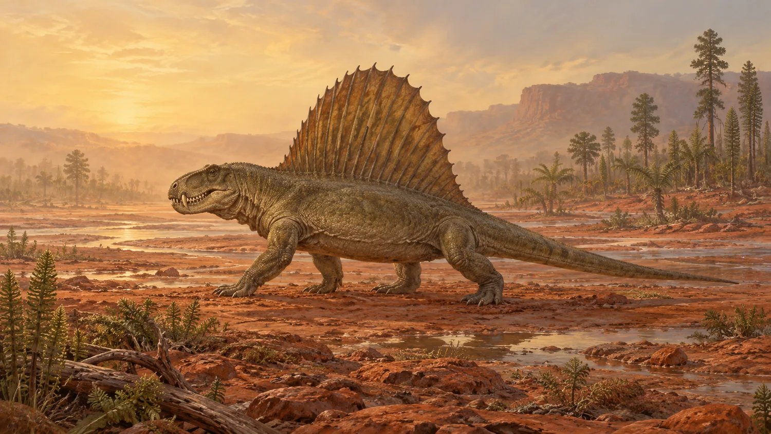Reconstrucción artística de un Dimetrodon con la vela erguida, caminando por una llanura rojiza